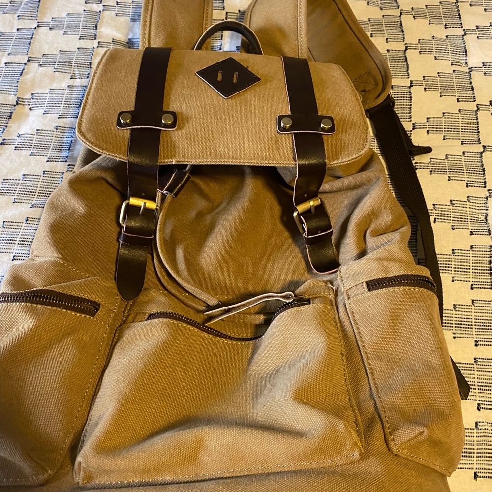 Vintage khaki canvas and pleather backpack